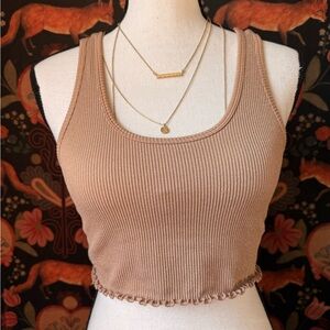 Spiritual Gangster Cropped Tank Sports Bra Ribbed Ruffled Edge Size M/L Tan